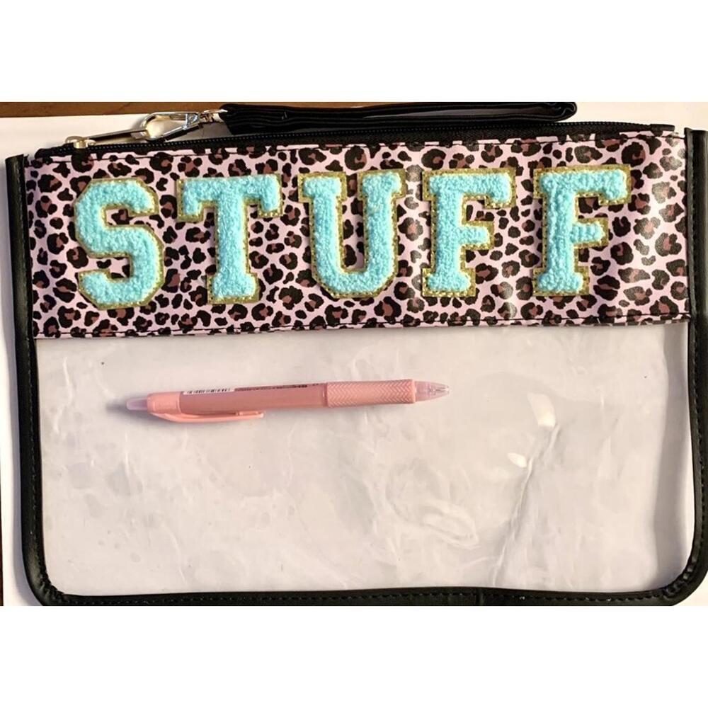 Large Pouch - STUFF, Pink Leopard Print With Aqua Teal Patches Great For Makeup - Picture 3 of 4